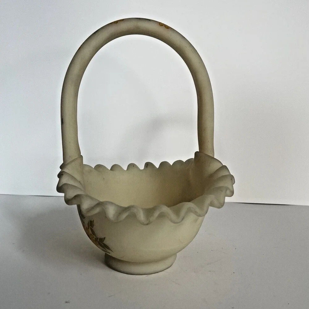 VTG Fenton Cream Satin Custard Glass Basket Hand Painted Sunflowers By Kay‎ C